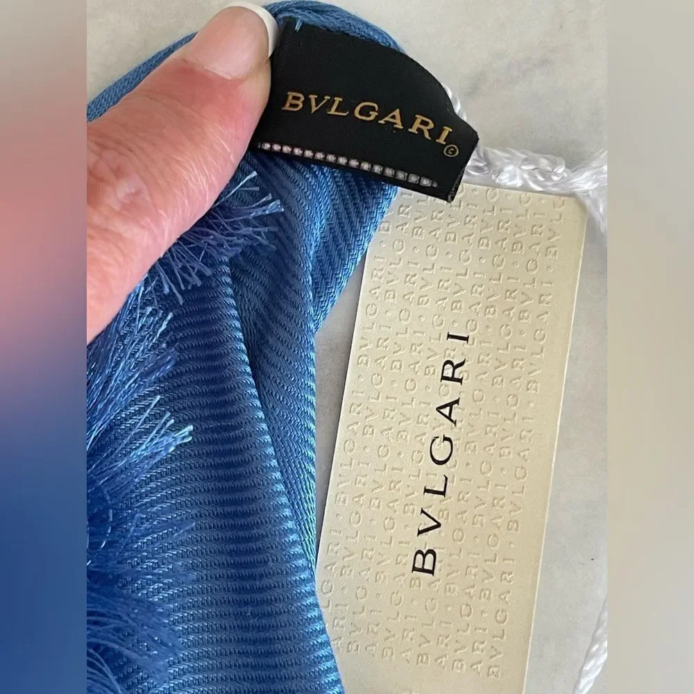 Bvlgari Blue Silk Wool Logo Scarf – 70” x 30” – Made in Italy NWT